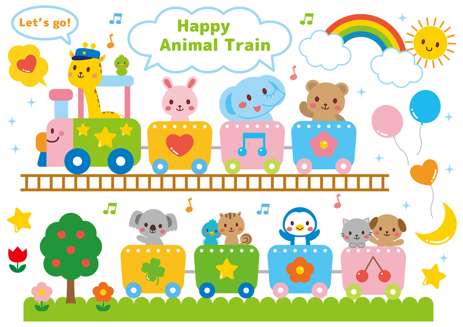 イラスト素材：こども向け　かわいい動物列車