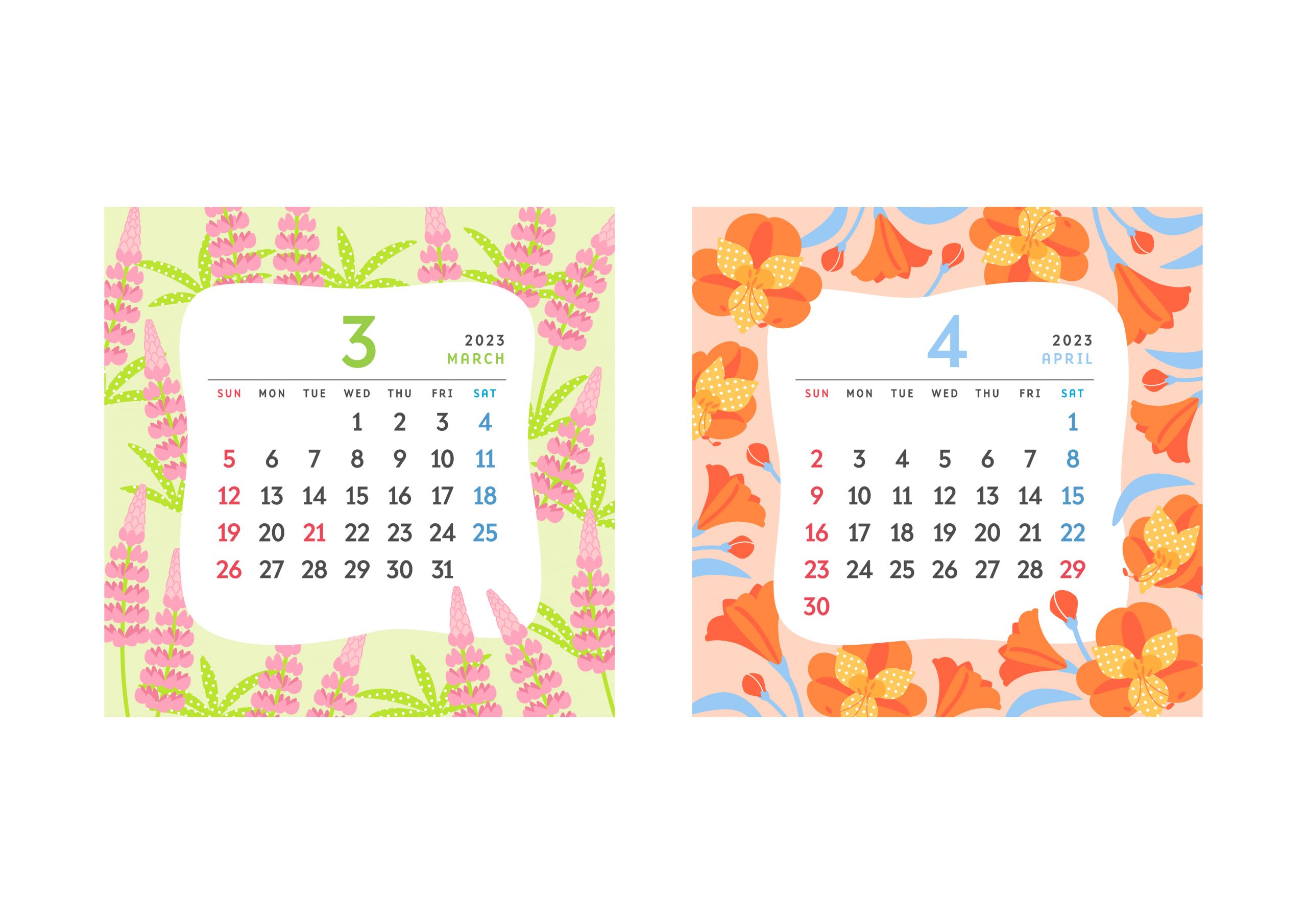 イラスト素材：2023年　お花のカレンダー　3月4月