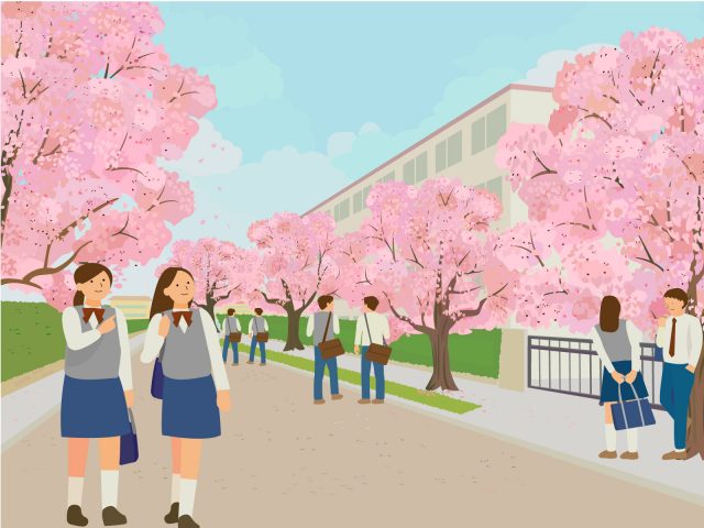 学校の前の桜並木と生徒